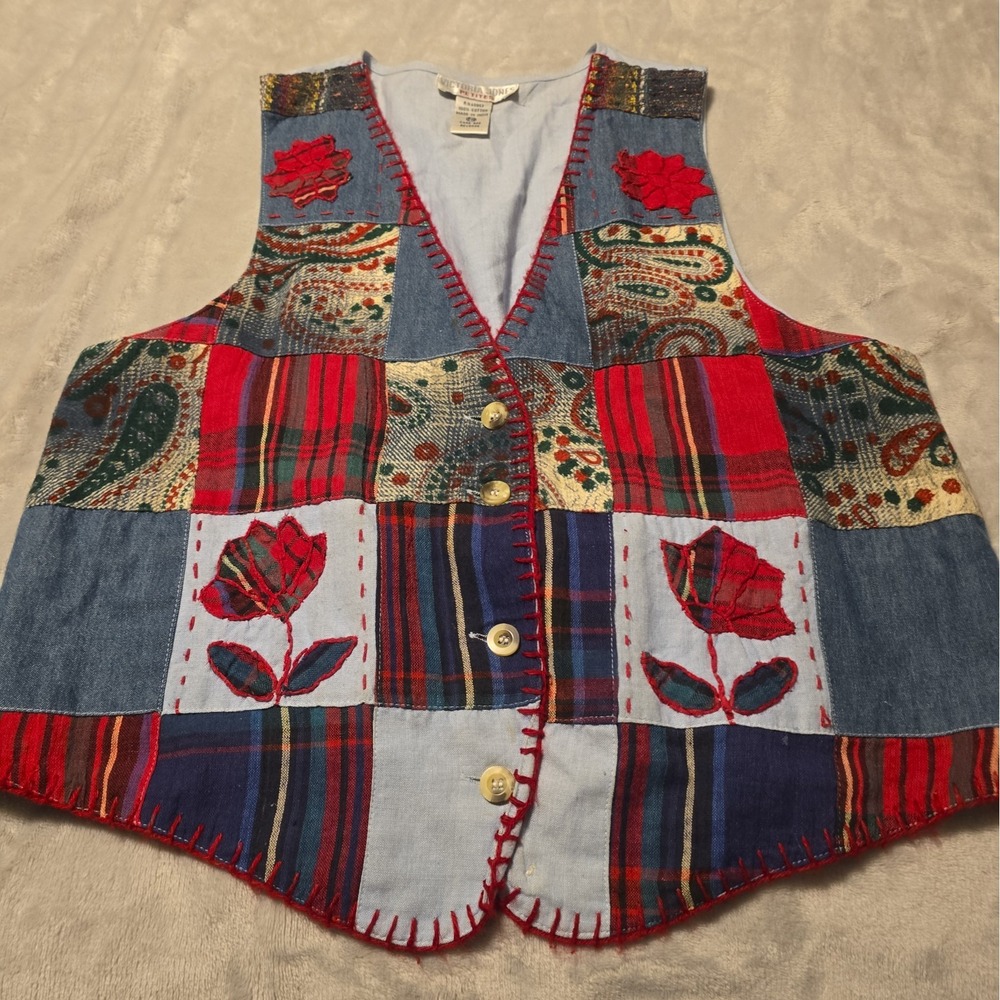 Vintage 90's Denim Patchwork Tapestry Vest Size M Victoria Jones Grandmacore
